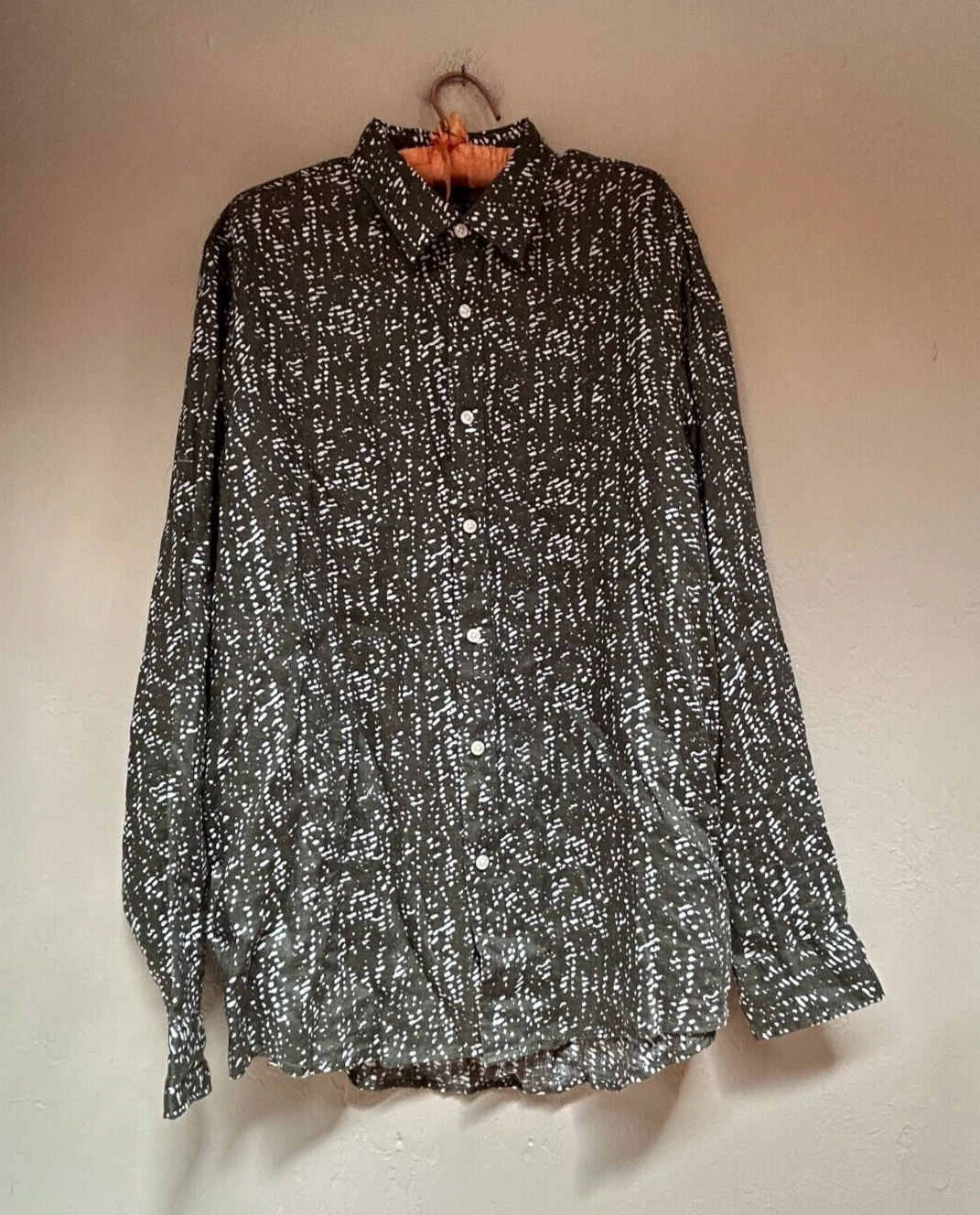 Michael Kors Mens Large Classic Fit Long Sleeve Linen Shirt Green Printed Casual