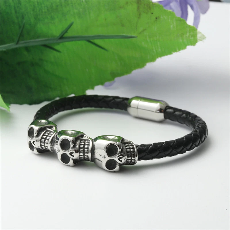 Pulsera de cuero calavera negra punk motociclista de acero inoxidable de 8 pulgadas para hombre Foto 4 de 4