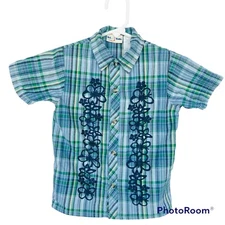 b.t. kids Blue Green Plaid Short Sleeve Hawaiian Floral Shirt Boys 24 Months