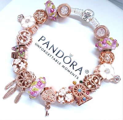 Authentic Pandora Silver Charm Bracelet PINK ROSE GOLD LOVE HEART European Beads | eBay