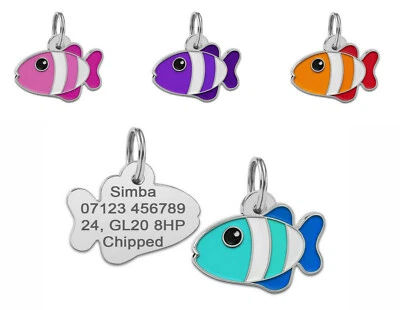 Personalised Engraved Fish Shape Dog / Cat Tag 27mm Colourful Cute Pet Tags ID