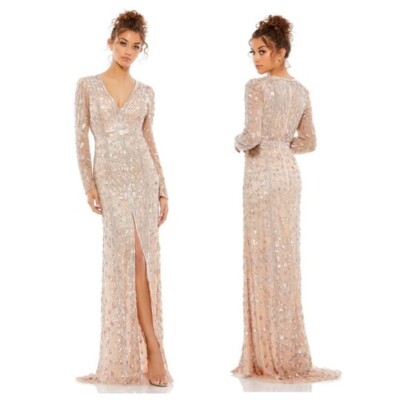 NEW Mac Duggal Style 5002 Rose Gold Embellished Slit Long Sleeve Dress 14  $598 | eBay