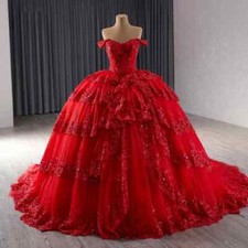 Red Sparkly Quinceanera Dresses Off Shoulder Applique Lace Tull Mexican Sweet 16