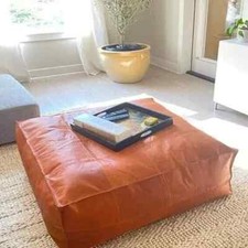 Leather Pouffe Handmade Genuine Unstuffed Pouf Brown Ottoman Footstool New 50"