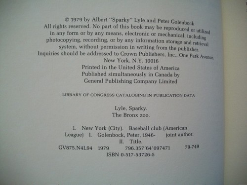 The Bronx Zoo (Sparky Lyle & Peter Glenbock, 1979 HCDJ) - Picture 12 of 12