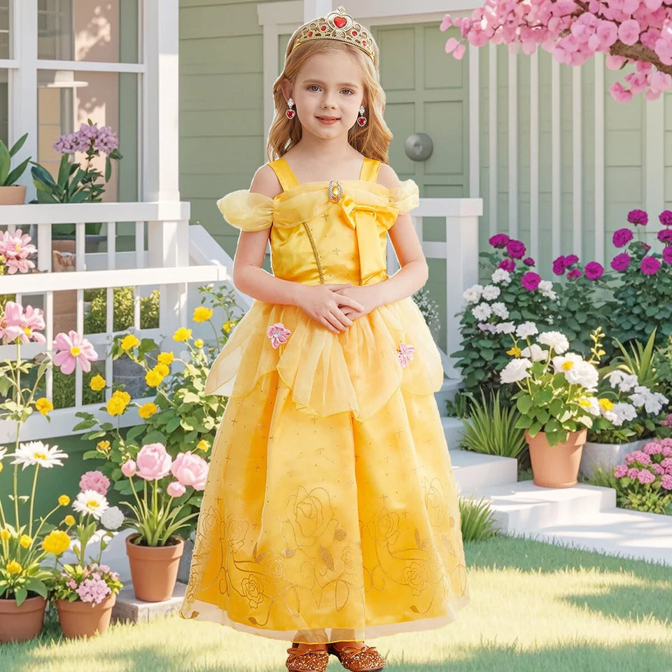 Girls Belle Fancy Dress up Cosplay Costume Party Princess Birthday Outfit Gifts - Image 3 of 4