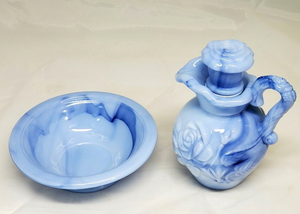 Vintage 1978 Avon VICTORIANA Blue Slag Milk Glass BOWL & PITCHER