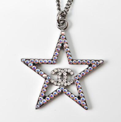 CHANEL Necklace Star Motif Coco mark CC Chrome Silver Rhinestone