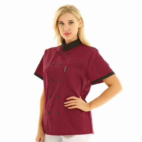 Unisex Women Short Sleeve Mandarin Collar Hotel Kitchen Chef Coat Jacket Uniform - Picture 14 of 23