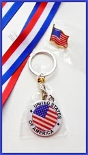 USA American Flag Key Ring Keychain & Tac Pin Set New