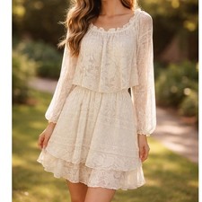 NEW Show Me Your Mumu Ivory Floral Lace Tiered Mini Dress Long Sleeve Large