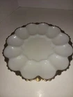Vintage 10”Anchor Hocking Milk Glass Deviled Egg Or Oyster Plate With Gold Rim