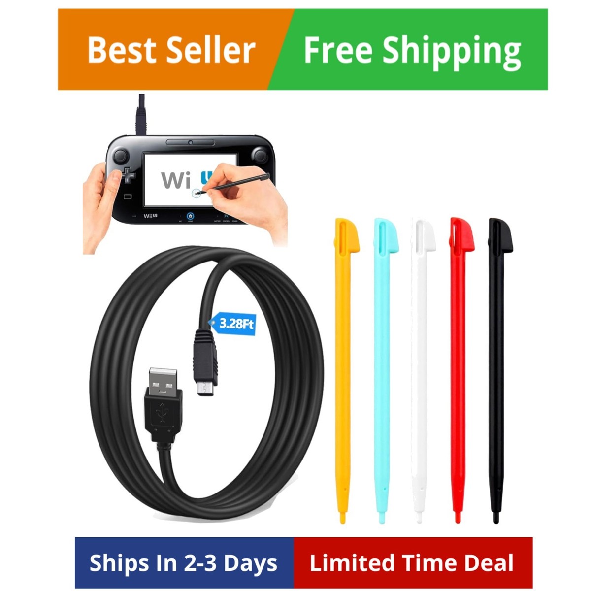 Wii U Gamepad Enhanced with 5 Stylus Pens & Efficient USB Charging