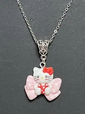 Sanrio Hello Kitty Pink Bow Hello Kitty Resin Pendant Silver Necklace 18”