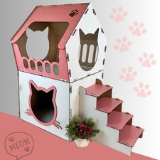 Indoor Wooden Cat House   Pink 2-Story Cozy Shelter for Cats   Lightweight an...