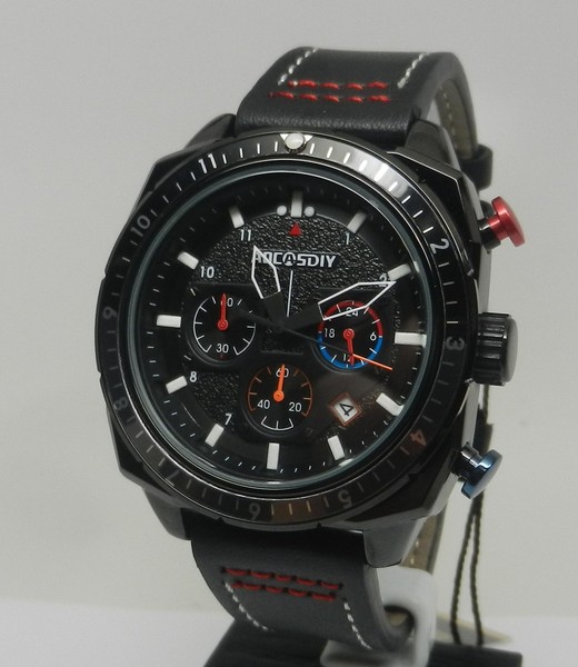 Reloj deportivo de hombre 45mm esfera negra texturizada cronógrafo fecha con correa de cuero esfera 24HR 3