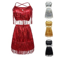 Latin Dance Costume with Crop Top for Women Sequins Tassels Skirt with Crop Top