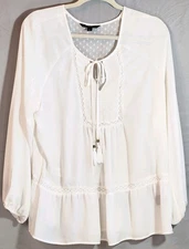 Signature Studio Blouse Women's Lg. Boho Cream Peasant Sleeve Embroidery Crochet