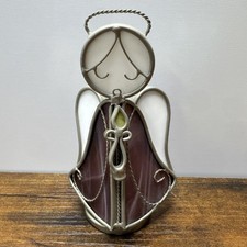 Stained Glass Angel Holding Candle Standing Figure Purple White 5.5"