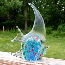 Murano Style Art Glass HAND BLOWN ANGEL FISH Sculpture Paperweight 7.5 x 5 B41