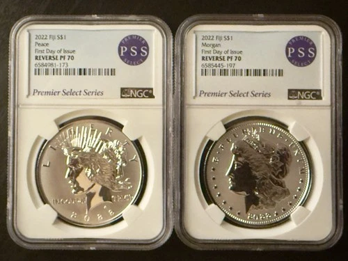 🔥2022 Fiji Morgan & Peace Dollars Reverse Proof Set NGC PF70 First Day of Issue