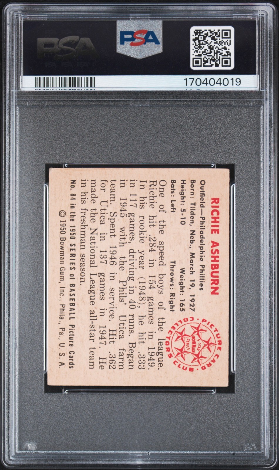 1950 Bowman Baseball  #84- Richie Ashburn HOF ROOKIE- PSA - 4/ Auto 10 -* JEEJ*! view 2