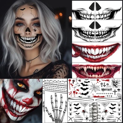 YITLA Halloween Face Tattoos - Skull and Clown Stickers for Adults, Spider Bat Designs