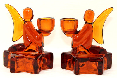 Vintage Pair LE SMITH Honey Amber Glass Candle Holders, Angels on Stars NICE!!