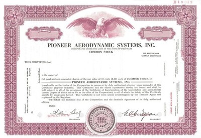 Pioneer Aerodynamic Systems, Inc. - Specimen Stock Certificate - Aviation Stoc