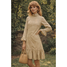 Vintage 60's 70's Oscar De La Renta Boutique Dress Tan Ruffles Secretary Midi 6 