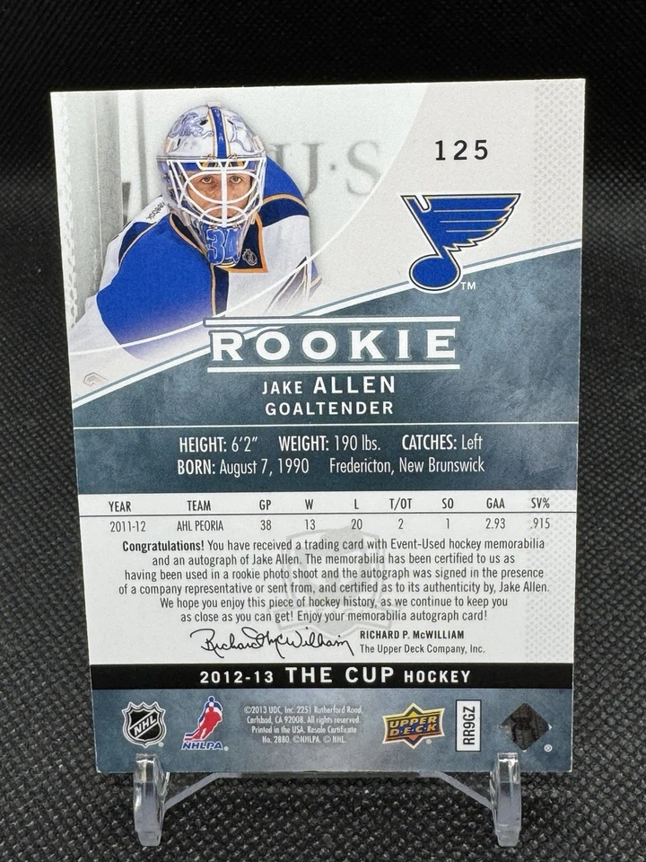 Parche automático de novato Jake Allen 2012-13 UD The Cup RPA 235/249 RC 125 Blues Devils Foto 3 de 3