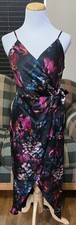 EXPRESS Floral Wrap Midi Dress M Satin Tie Waist Spaghetti Strap Tulip Coastal 