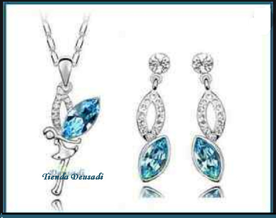 CADENA, COLGANTE PENDIENTES DE EL  HADA  CON CRISTAL AZUL Y BLANCO SWAROVSKI