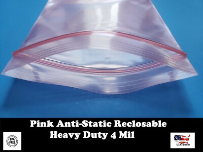 Anti Static Bag Pink Poly Zip Seal 4Mil Reclosable Lock Top 2x,3,5,6,8,9,12,13''