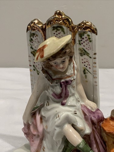 Antique German ? Porcelain Fairing Lady With Dog U Lucky Dog - Picture 6 of 15