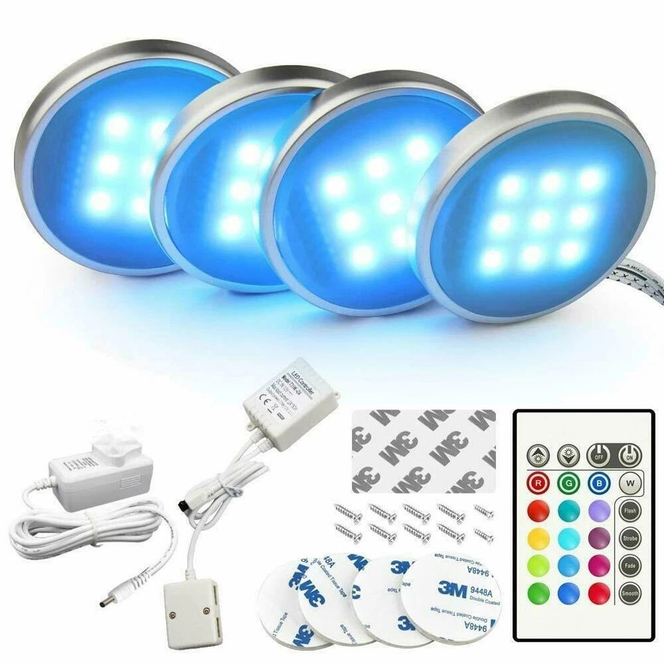 TKOOFN 4PCS RGB LED Under Cabinet Lights Closet Puck Shelf Colour Changing Lighting Kit