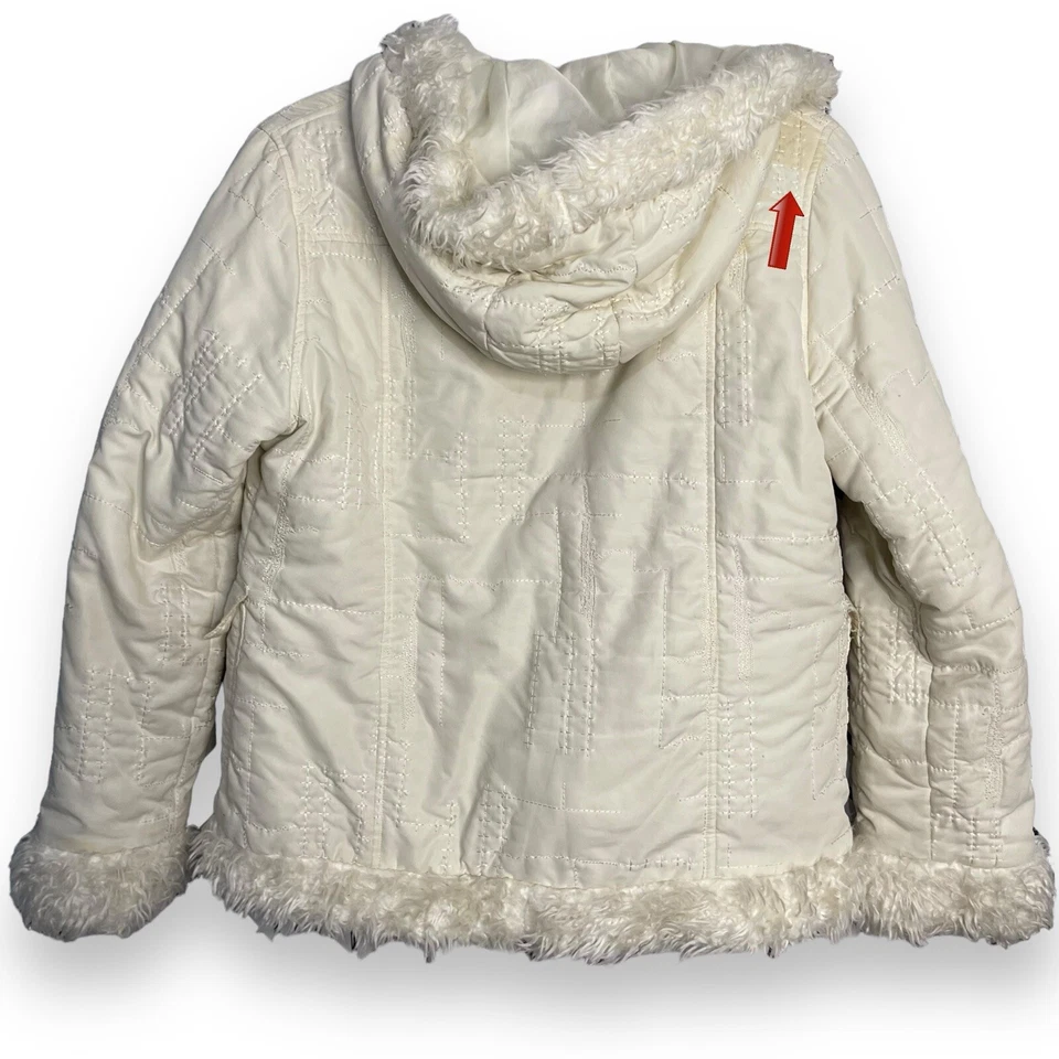 Faded Glory Faux Fur Trim Puffer Coat Girls 14/16 Ivory White Hood Pockets Y2K - Image 3 of 4