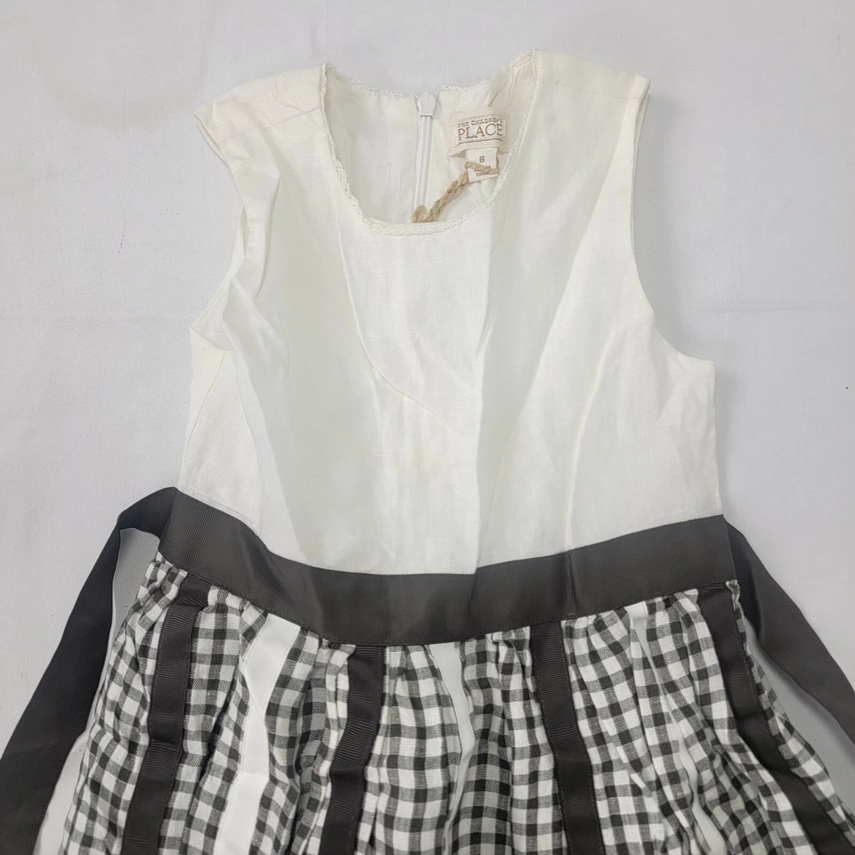 The Children's Place Girl's Sleeveless Dress New Size 6 Brown White Plaid Linen - Image 2 of 4