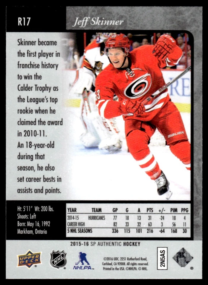 2015-16 SP Authentic 1995-96 Retro Jeff Skinner Carolina Hurricanes #R17 - Image 2 of 2
