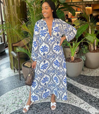 H&M White Blue Palm Patterned Summer Midi Maxi Kaftan Dress size M 12 14 16