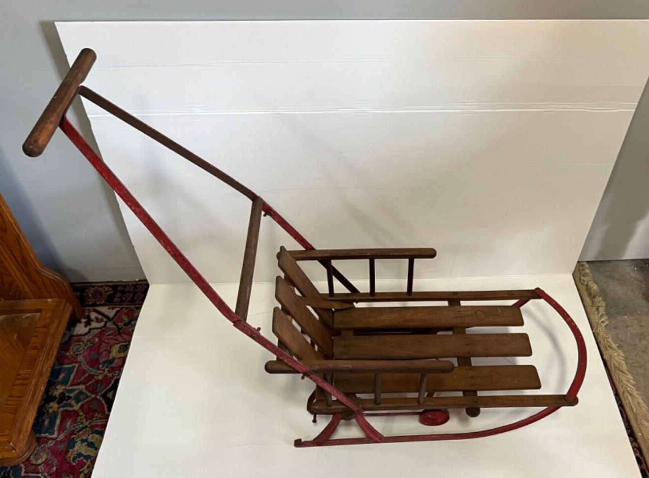 Vintage Antique Wood Baby Child Sled Back Rest with Metal Runners