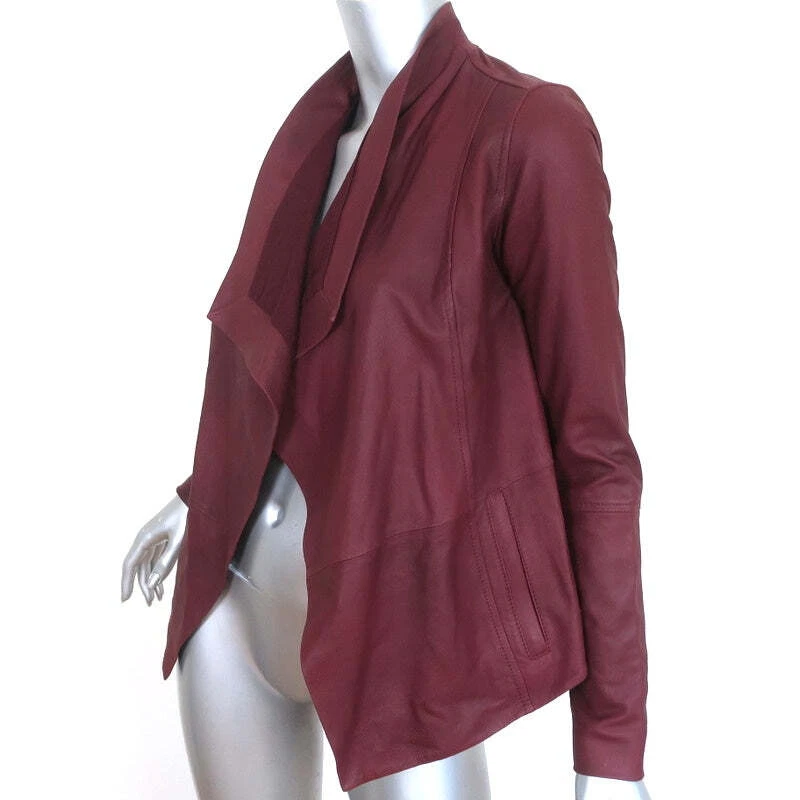 Chaqueta de Cuero Vince Cuello Drapeado Borgoña Talla Extra Pequeña Foto 3 de 4