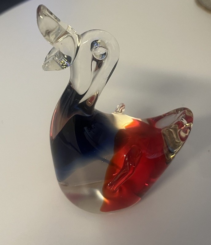 Art Glass Small Red & Blue Duck Paperweight Likely Murano