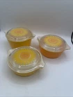 Vintage 3 PYREX Daisy Sunflower Covered Casserole Dishes Clear Lids 471,472,473