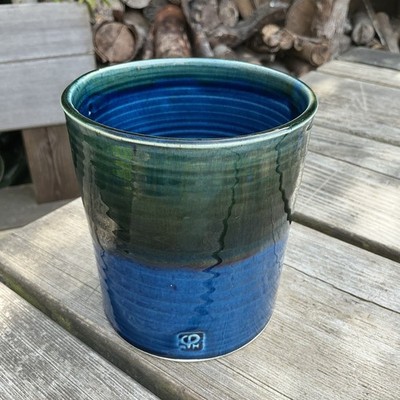 Vintage Studiokeramik blau grün glasiert Topf Übertopf oder Vase Hersteller Markierung an Seite