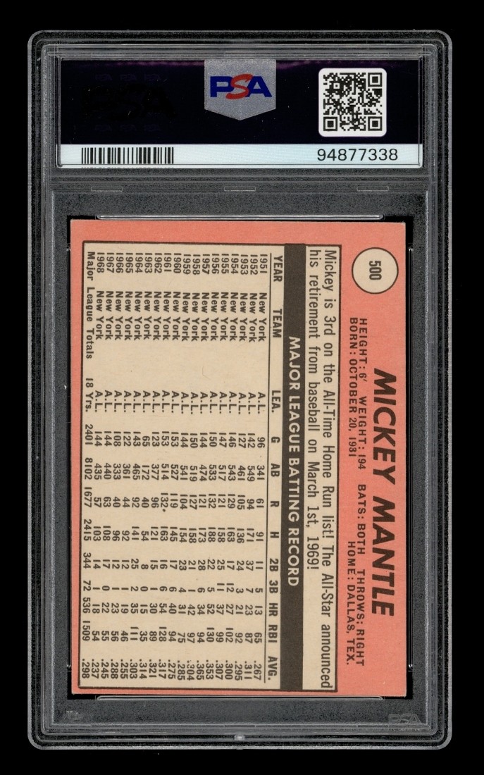 1969 Topps Set-Break #500 Mickey Mantle Last Name In Yellow PSA 3 VG view 2