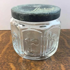 Vintage Barbasol Clear Glass Jar w/ Lid Embossed Letters Advertising Shaving