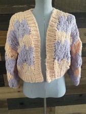 NWT NEW Hand knit Pink Purple Sweate Knit Cardigan Misses M Medium