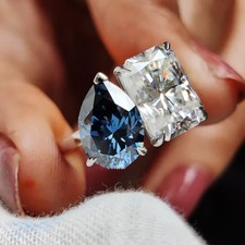 Pear Blue Sapphire & Radiant Moissanite Toi Et Moi Ring 14K White Gold Plated