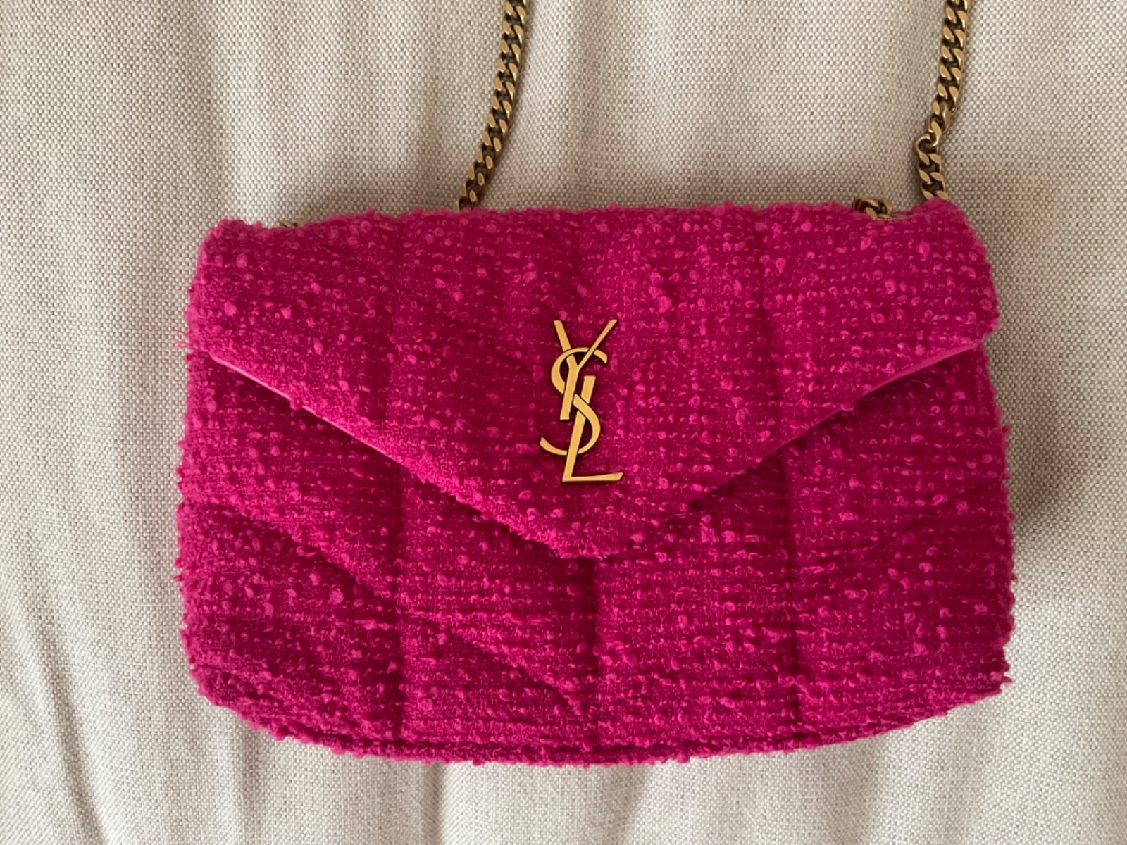 Saint Laurent YSL Loulou Puffer Toy Mini Pink Tweed Shoulder Bag